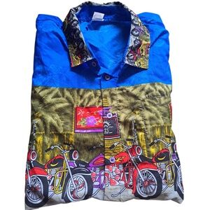 Oasis Beachwear XL Motorcycle Print Button Up Shirt Blue Short Sleeve